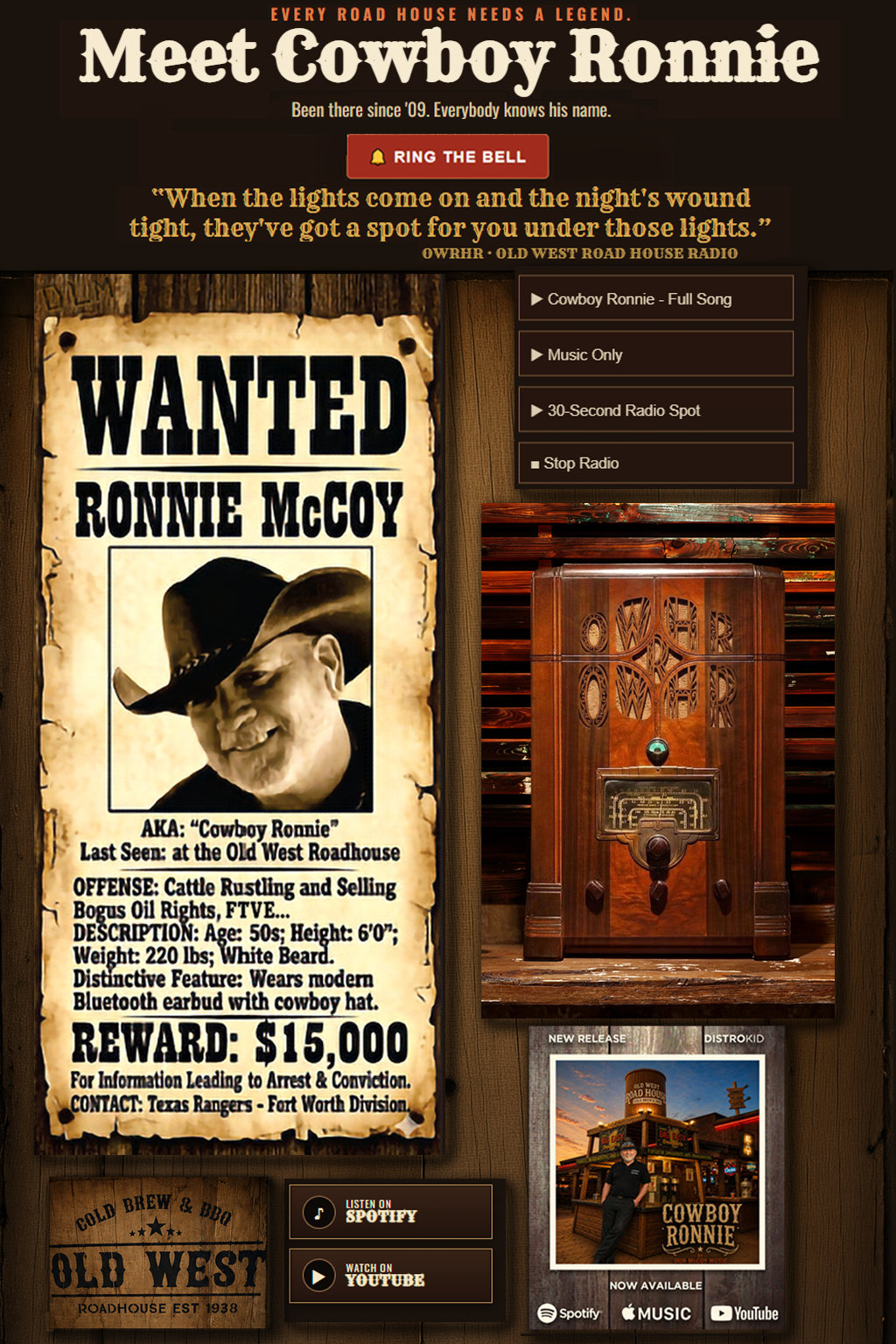 Meet Cowboy Ronnie - wanted poster, Old West Road House Radio and music release
