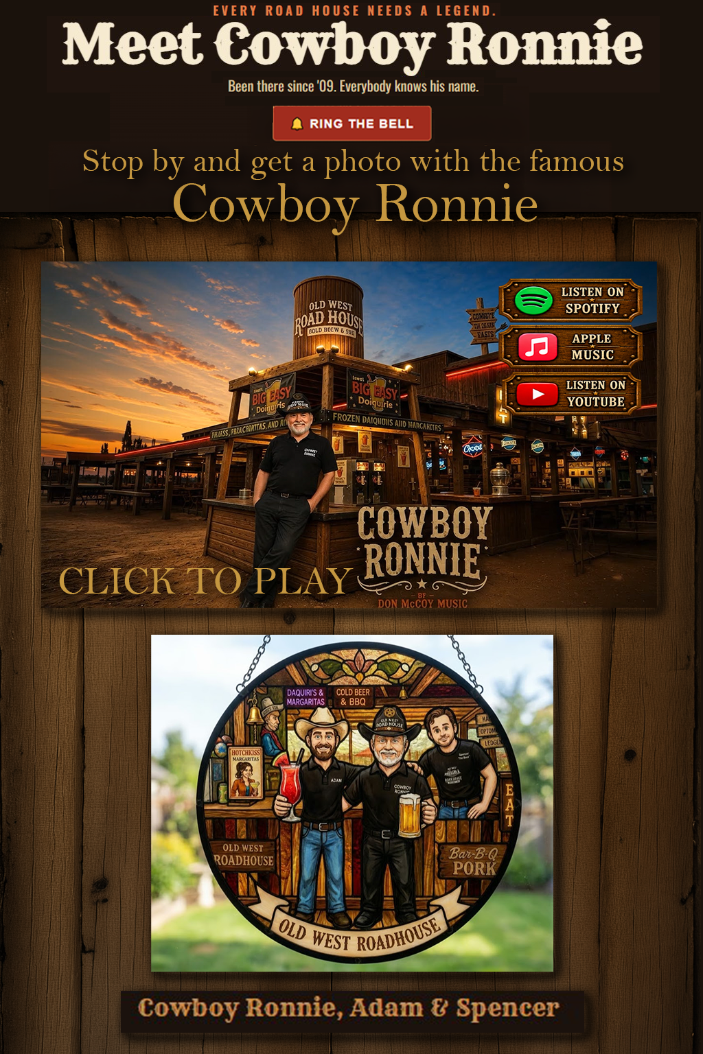 Cowboy Ronnie at the Old West Road House with music links and stained glass artwork