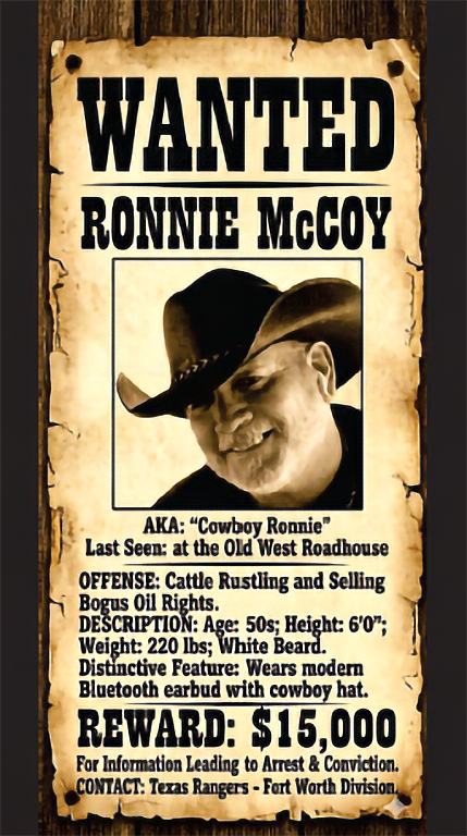 Wanted poster for Cowboy Ronnie McCoy