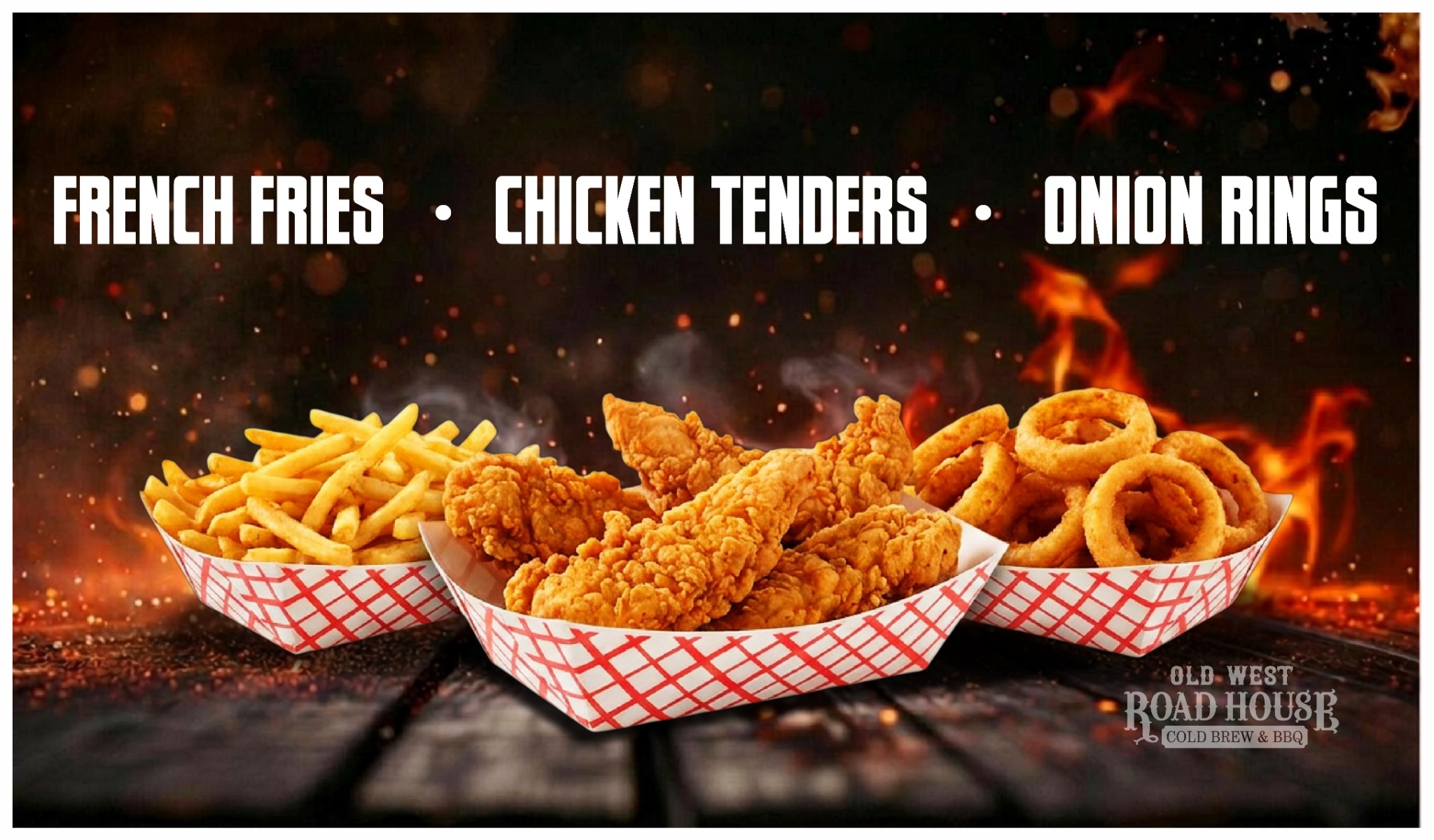 French fries, chicken tenders and onion rings